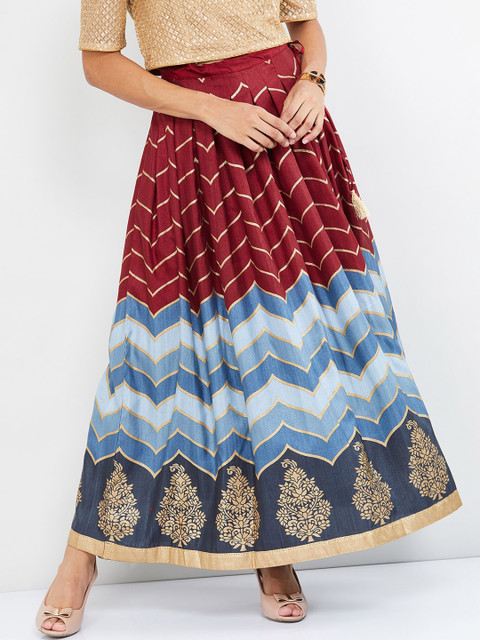 

max Women Maroon & Blue Printed Flared Maxi Skirt