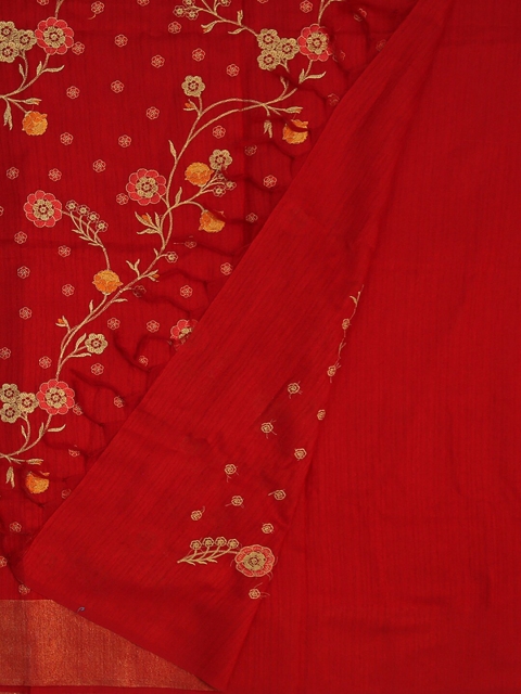 

Pothys Red Woven Design Pure Linen Floral Print Saree