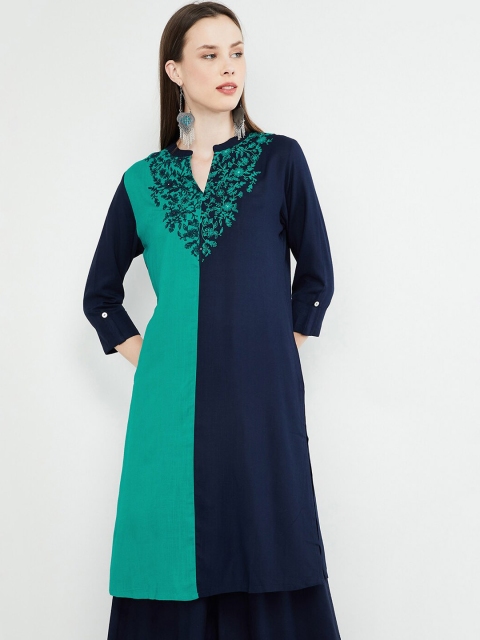 

max Women Navy Blue & Sea Green Colourblocked Straight Kurta