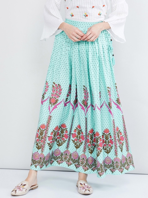 

max Women Turquoise Blue & Pink Printed Flared Maxi Skirt