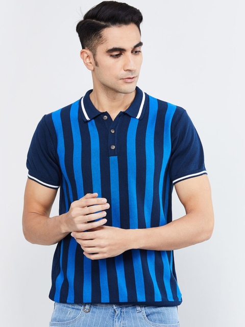 

max Men Blue Striped Polo Collar T-shirt