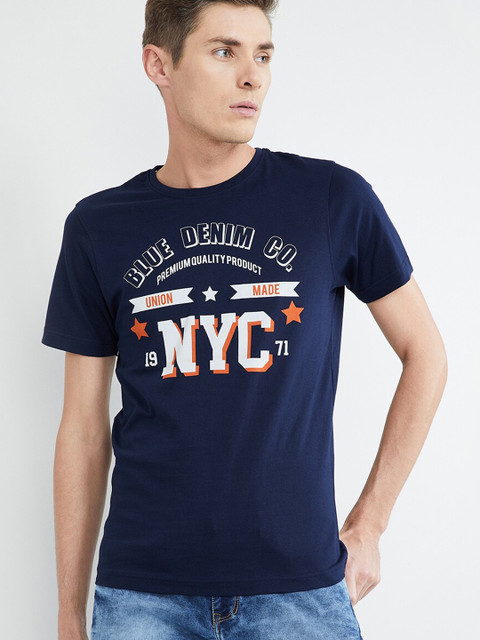 

max Men Blue Printed Round Neck T-shirt