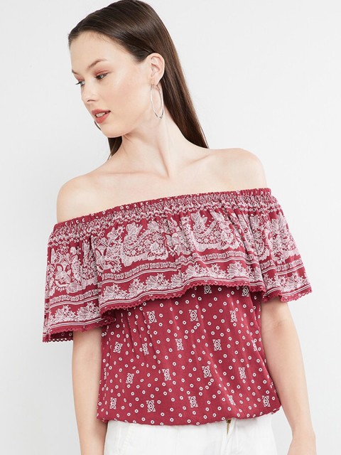

max Women Red Printed Bardot Top
