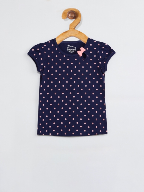 

max Girls Navy Blue Floral Printed Round Neck T-shirt
