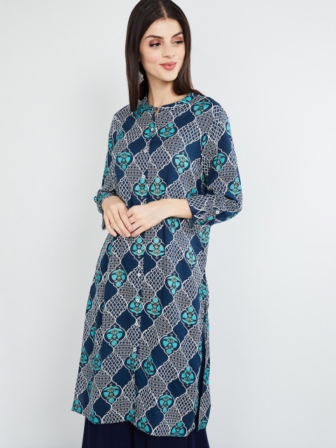 

max Women Navy Blue & Green Floral Print Straight Kurta