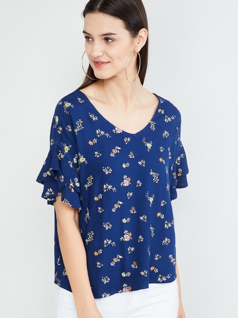 max Women Navy Blue Printed Top