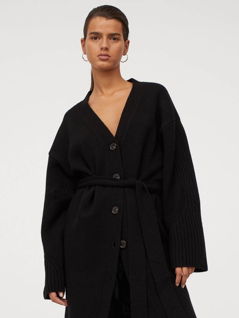 

H&M Black Solid Long Wool-Blend Cardigan