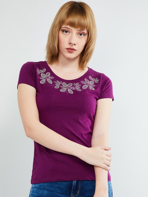 

max Women Purple Printed Round Neck T-shirt
