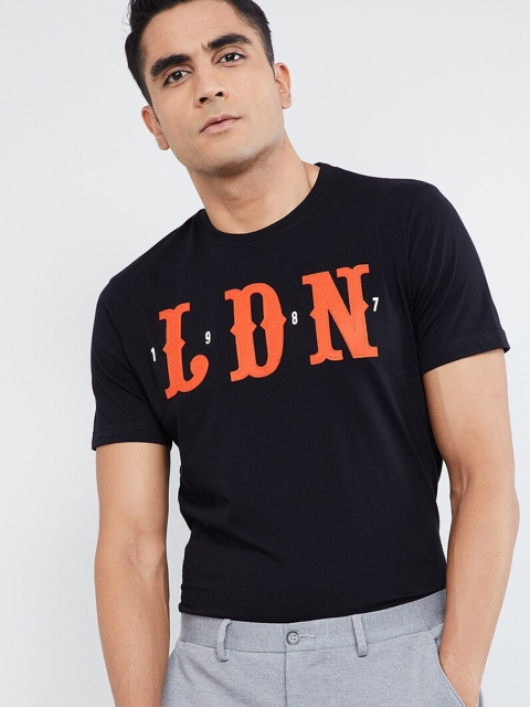 

max Men Black Printed Round Neck T-shirt