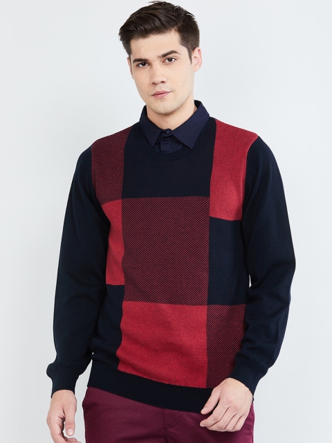 

max Men Red & Black Lapel Collar Colourblocked Pullover Sweater