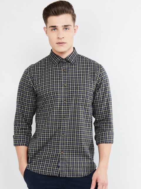 

max Men Olive Green & Navy Blue Regular Fit Checked Casual Shirt