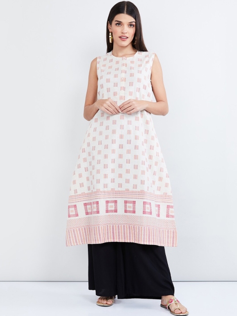 

max Women Off-White & Pink Geometric Print A-Line Kurta