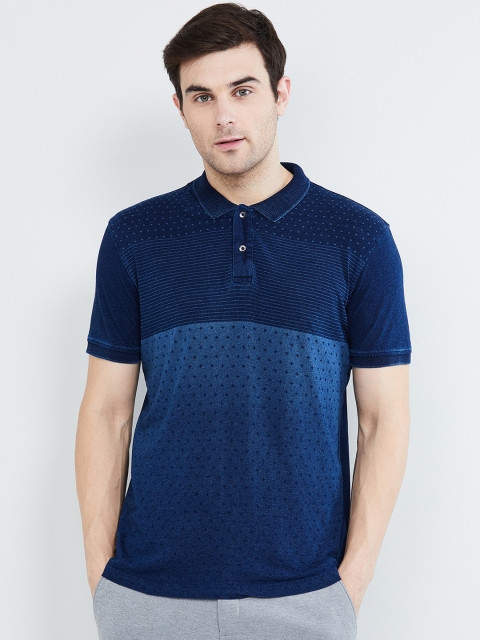 

max Men Blue Striped Polo Collar T-shirt