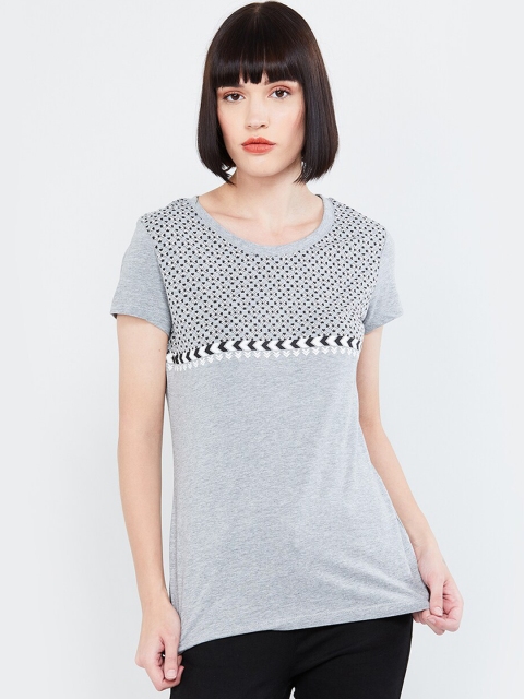 

max Women Grey Printed Round Neck T-shirt