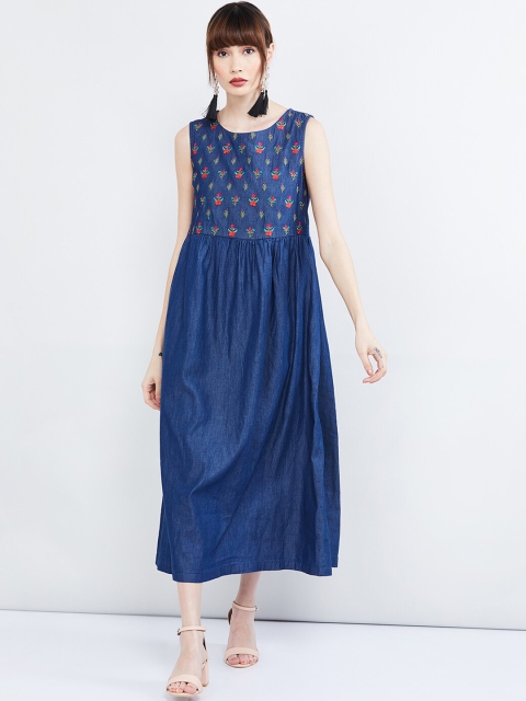 

max Women Blue Embroidered Maxi Dress