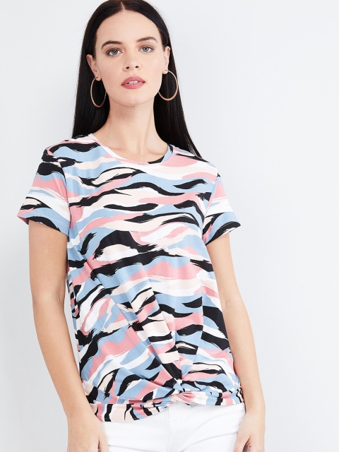 

max Women Pink & Blue Printed Round Neck T-shirt