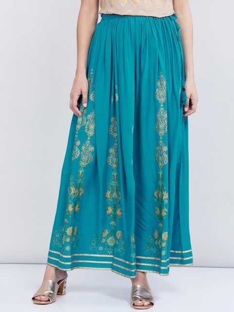 

max Women Turquoise Blue Printed Flared Maxi Pure Cotton Skirt