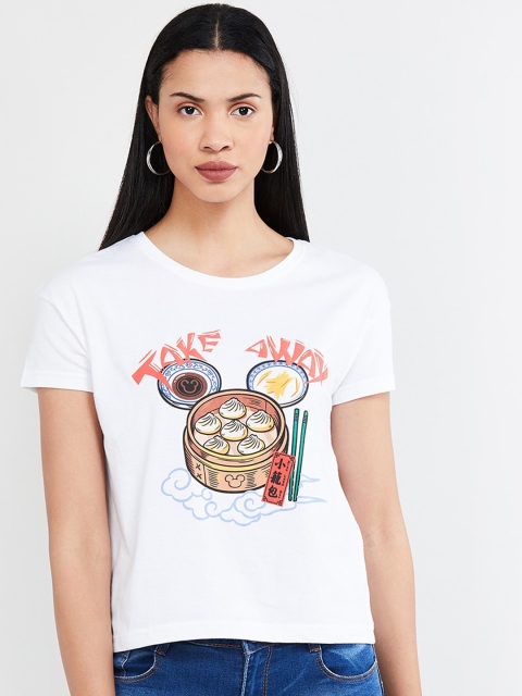 

max Women White Printed Round Neck T-shirt
