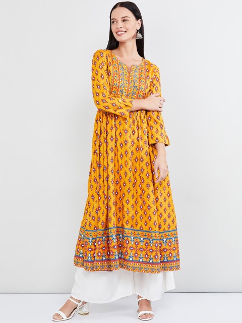

max Women Mustard Yellow Printed Anarkali Kurta