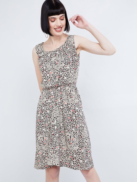 

max Women Beige & Black Animal Printed Fit and Flare Dress