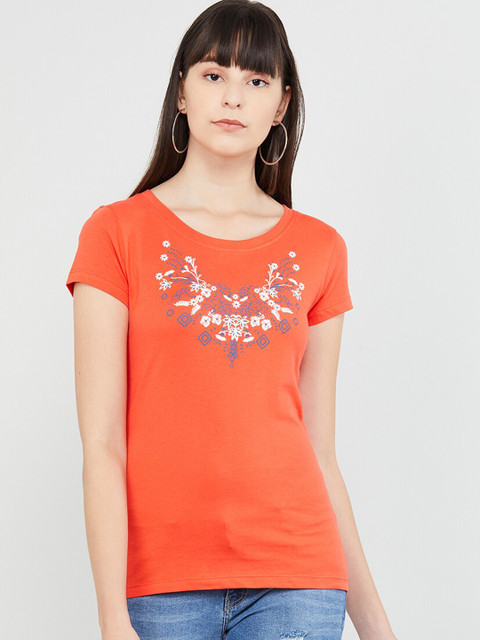 

max Women Orange Floral Printed Round Neck T-shirt