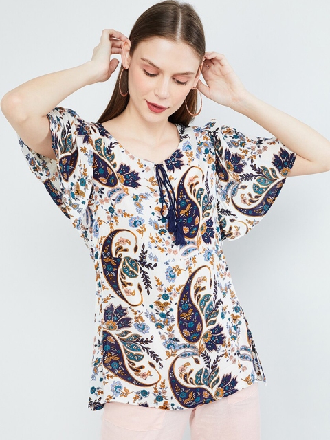 max Women Off-White & Blue Printed A-Line Top