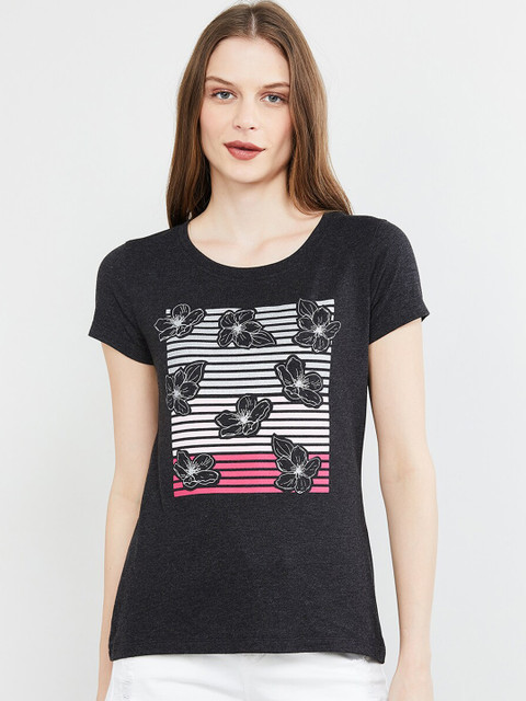 

max Women Grey Printed Round Neck T-shirt