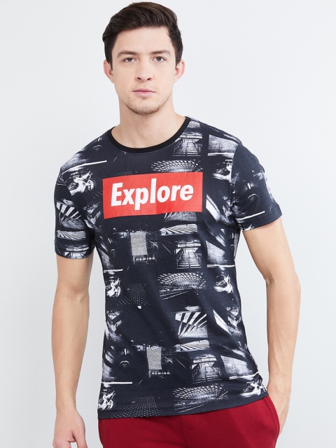 

max Men Black & White Printed Round Neck T-shirt