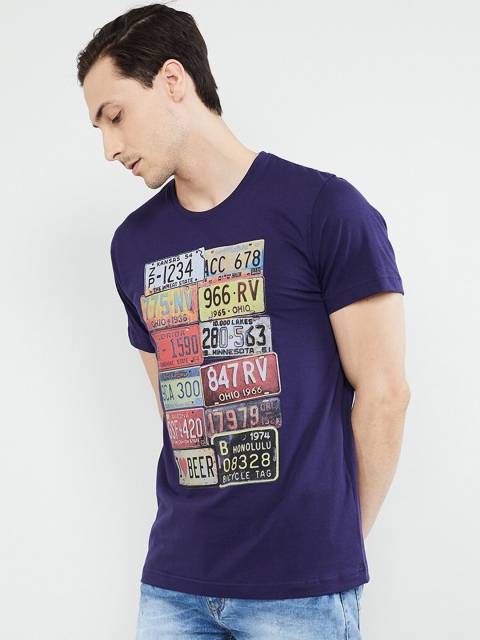 

max Men Blue Printed Round Neck T-shirt