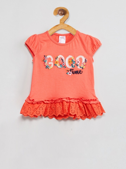 max Girls Orange & White Solid Cut-Out Round Neck T-shirt