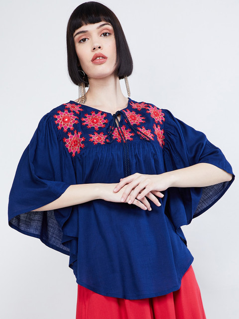 

max Women Navy Blue & Red Embroidered Kaftan Top