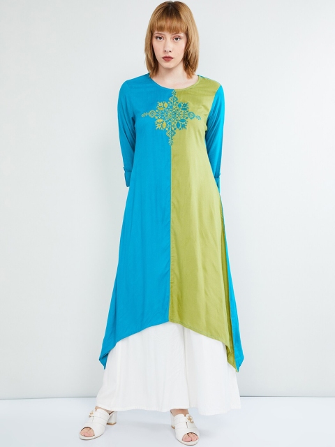 

max Women Turquoise Blue & Green Embroidered Colourblocked Asymmetric A-Line Kurta