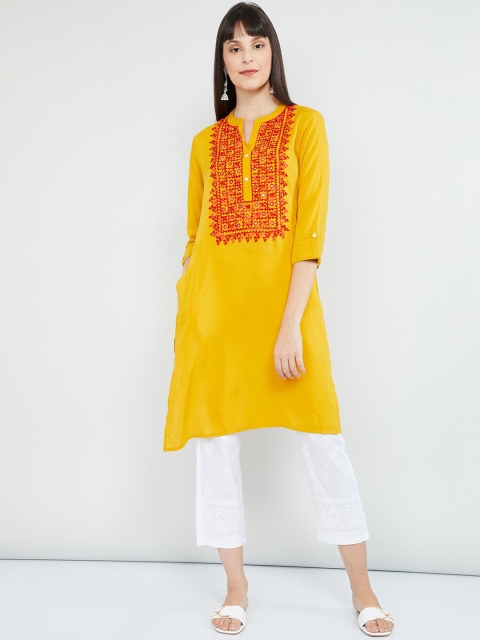 

max Women Yellow Yoke Design Straight Kurta