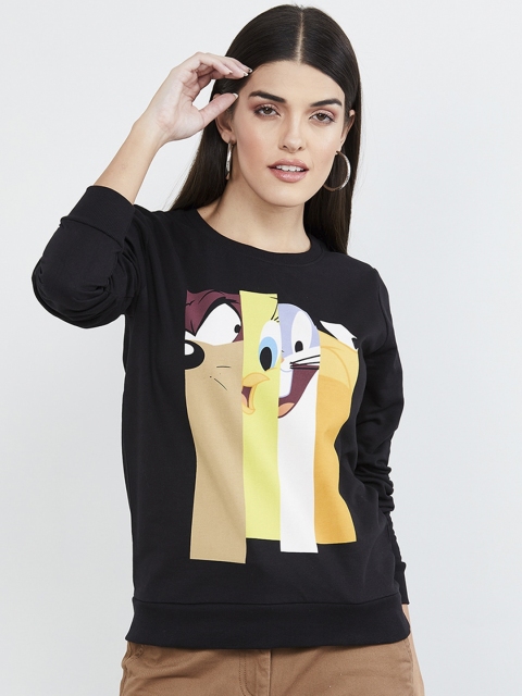

max Women Black Printed Round Neck T-shirt