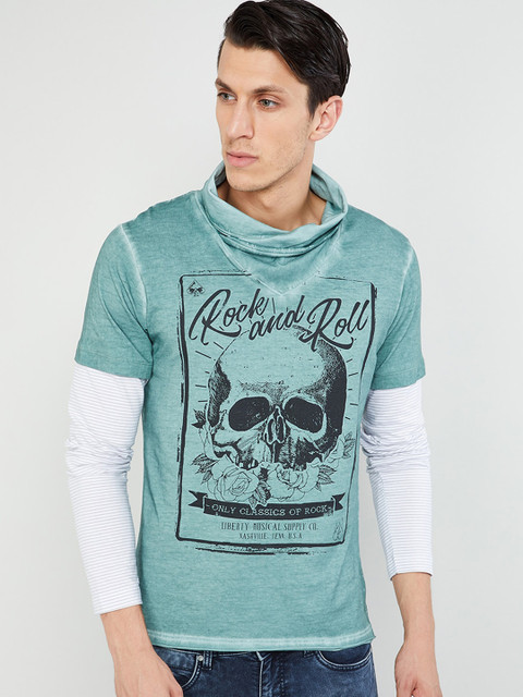 

max Men Green Graphic Print High Neck T-shirt