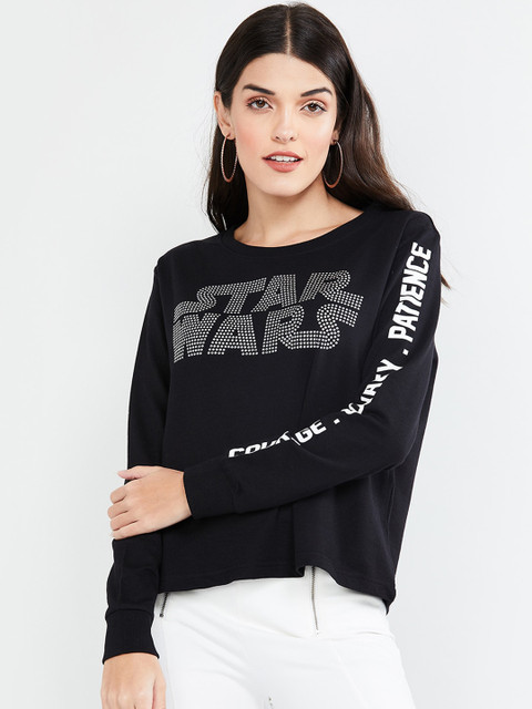 

max Women Black & White Star Wars Printed Round Neck T-shirt