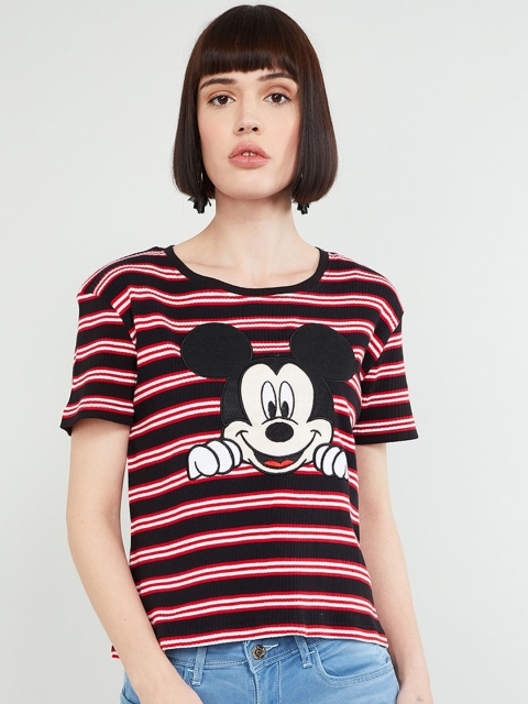 

max Women Black Mickey Mouse Striped Round Neck T-shirt