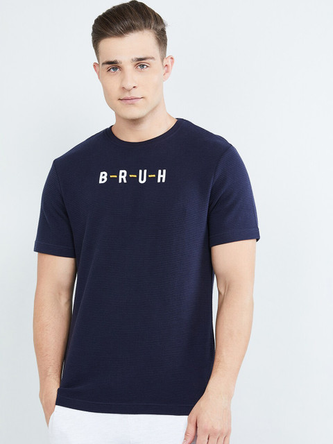

max Men Navy Blue & White Self Design Slim Fit Round Neck T-shirt