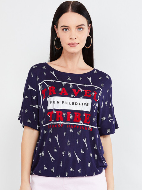 

max Women Navy Blue Printed Boat Neck T-shirt
