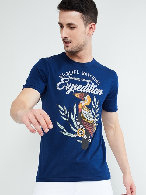 

max Men Blue Printed Round Neck T-shirt