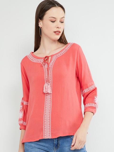 

max Women Peach-Coloured Embroidered Top