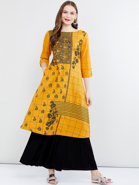 

max Women Yellow & Black Printed Straight Kurta