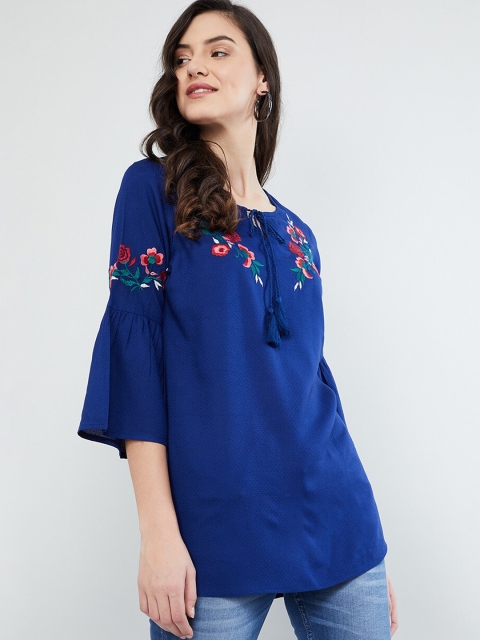 

max Women Blue & Red Floral Embroidered Top