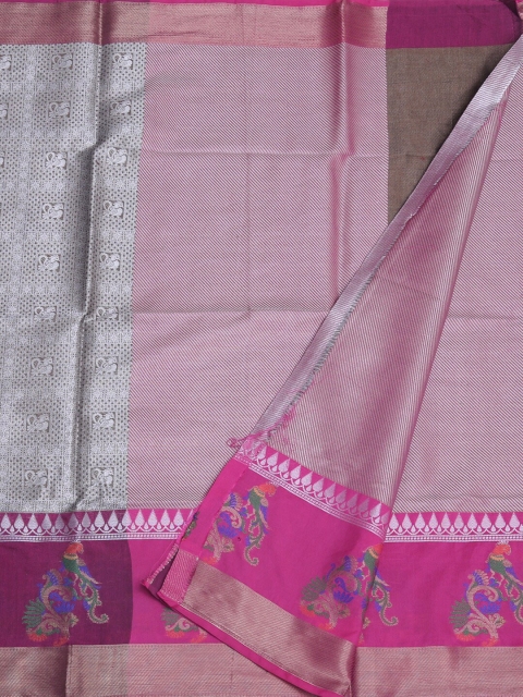 Pothys Silver-Toned & Pink Muslin Silk Woven Design Saree