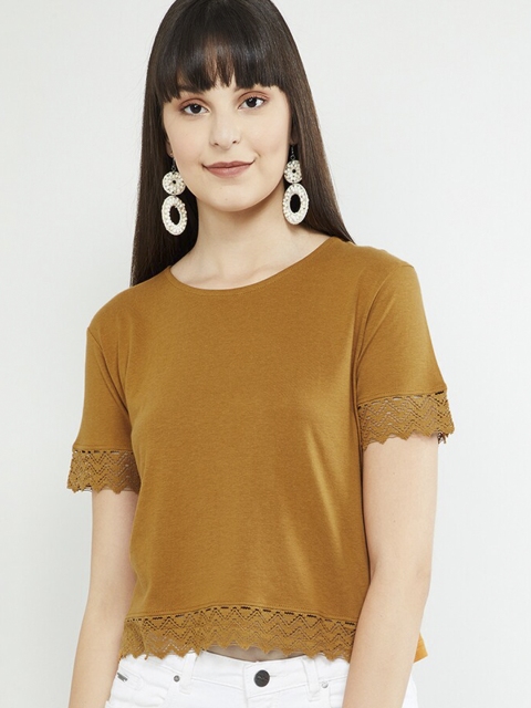 

max Women Mustard Brown Solid Round Neck T-shirt