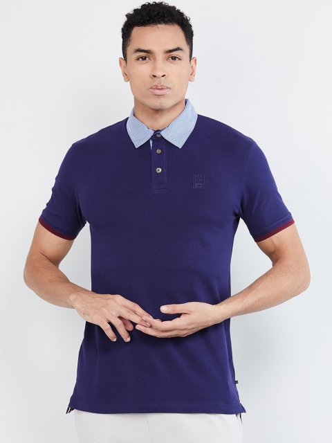 

max Men Blue Solid Polo Collar T-shirt