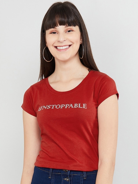 

max Women Maroon Printed Round Neck T-shirt