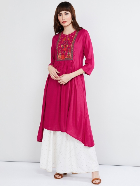 

max Women Pink & Green Yoke Design A-Line Kurta