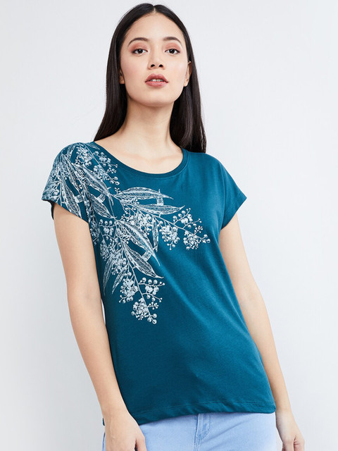 

max Women Teal Printed Round Neck T-shirt