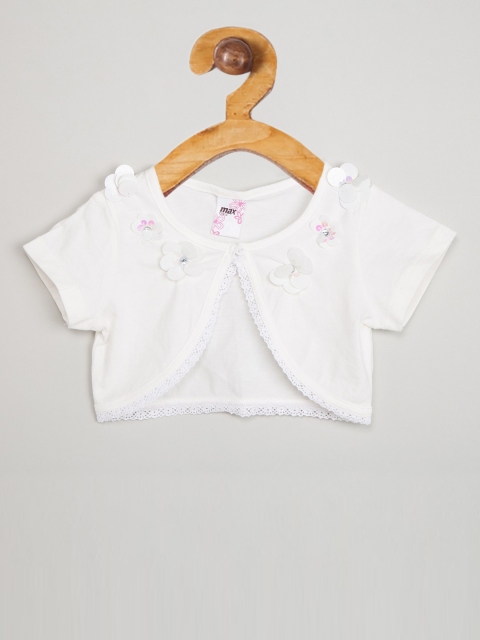max Girls Cream-Coloured Solid Button Shrug